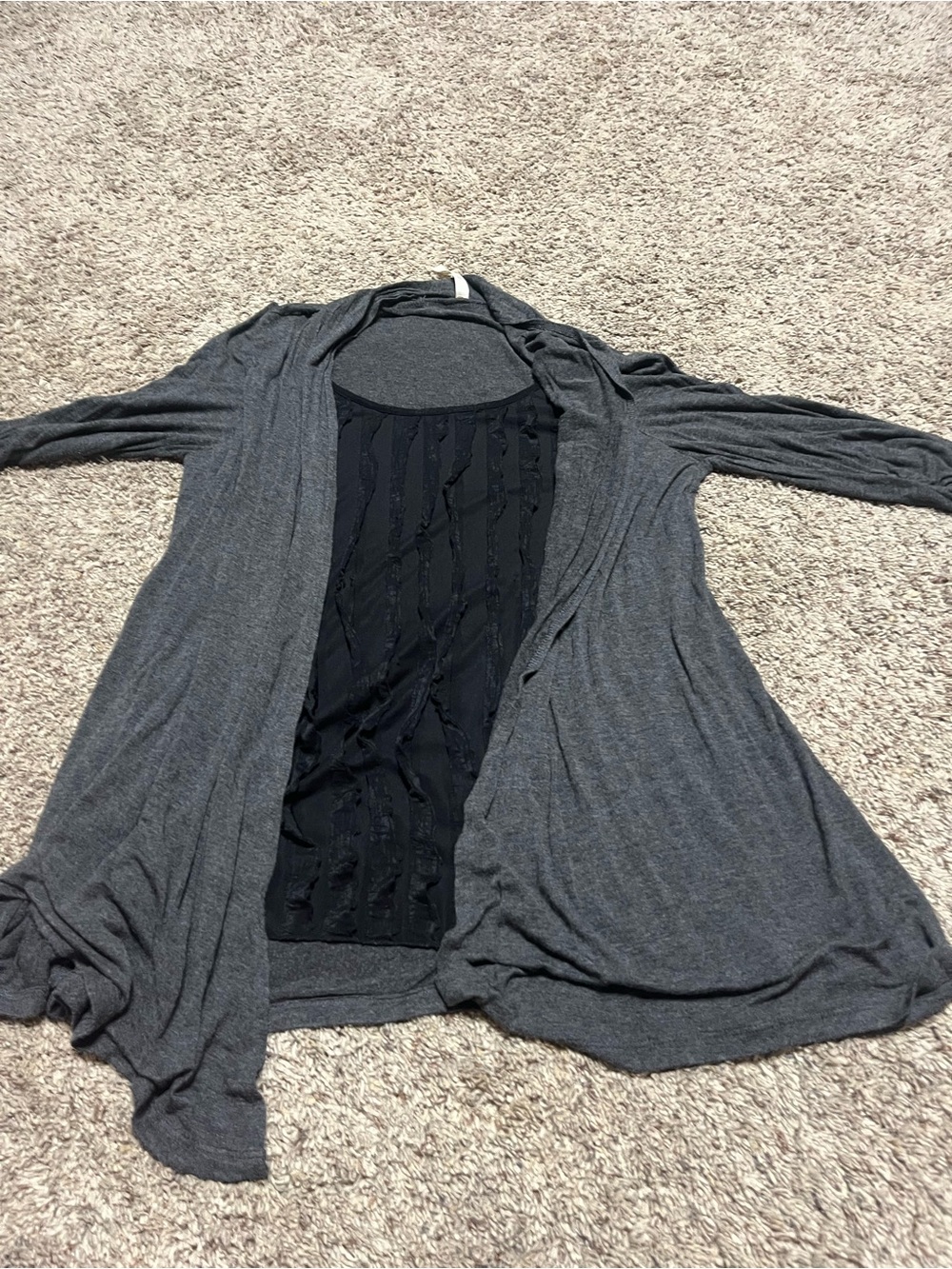 Women's Open-Front Grey Cardigan with Black Inset Panel